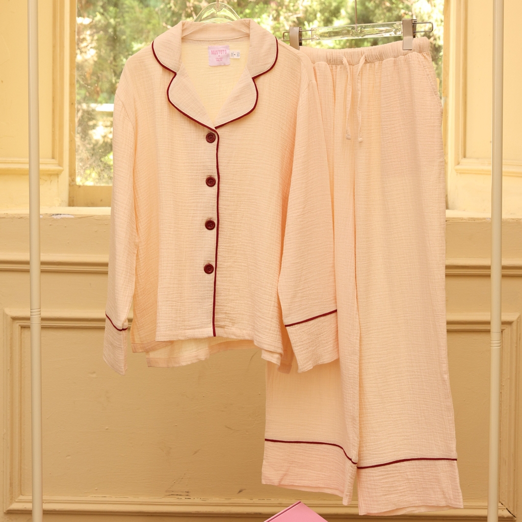 MB90 | Bộ Mặc Nhà Pijama Muslin Crepe 100% Cotton Tay Dài Quần Dài Thu Đông