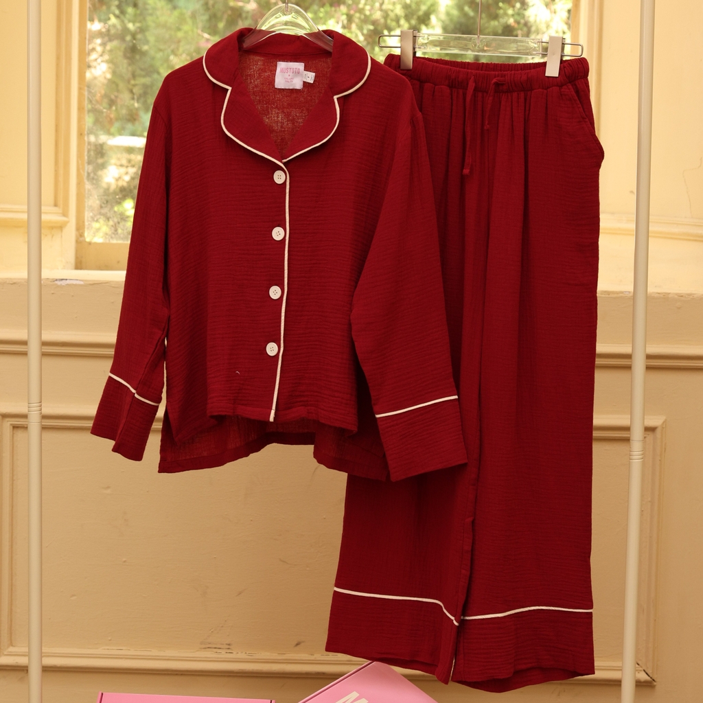 MB90 | Bộ Mặc Nhà Pijama Muslin Crepe 100% Cotton Tay Dài Quần Dài Thu Đông
