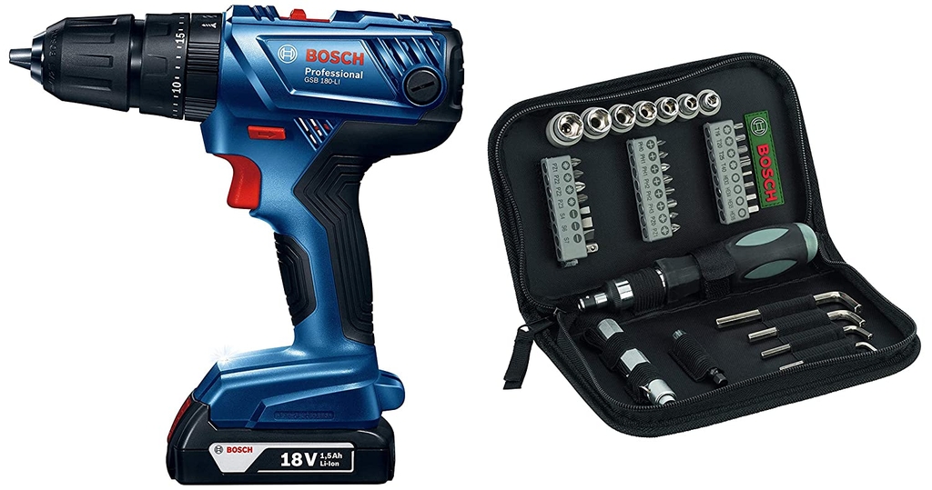 MÁY KHOAN, VẶN VÍT DÙNG PIN 18V BOSCH GSB 180-LI (HỘP CÔNG CỤ + SET 41 MÓN AC) - HÀNG CHÍNH HÃNG