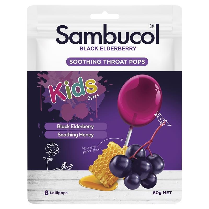 Kẹo giảm đau họng cho bé Sambucol Kids Soothing Throat Pops 8 cây