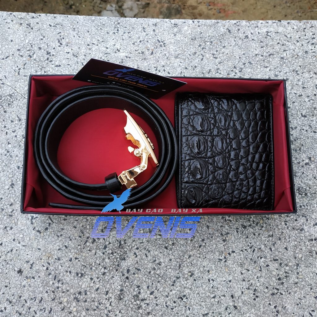 Set Cá Sấu Đen [VÍ + THẮT LƯNG DA HÔNG TRƠN] SET1D