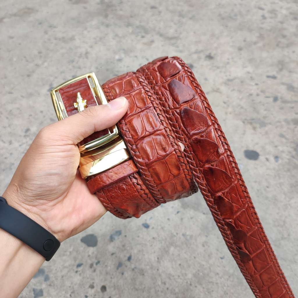 Thắt Lưng Da Cá Sấu [DÂY LIỀN NGUYÊN CON 4cm] Đan Viền Thủ Công Rất Bền! (mặt vàng)
