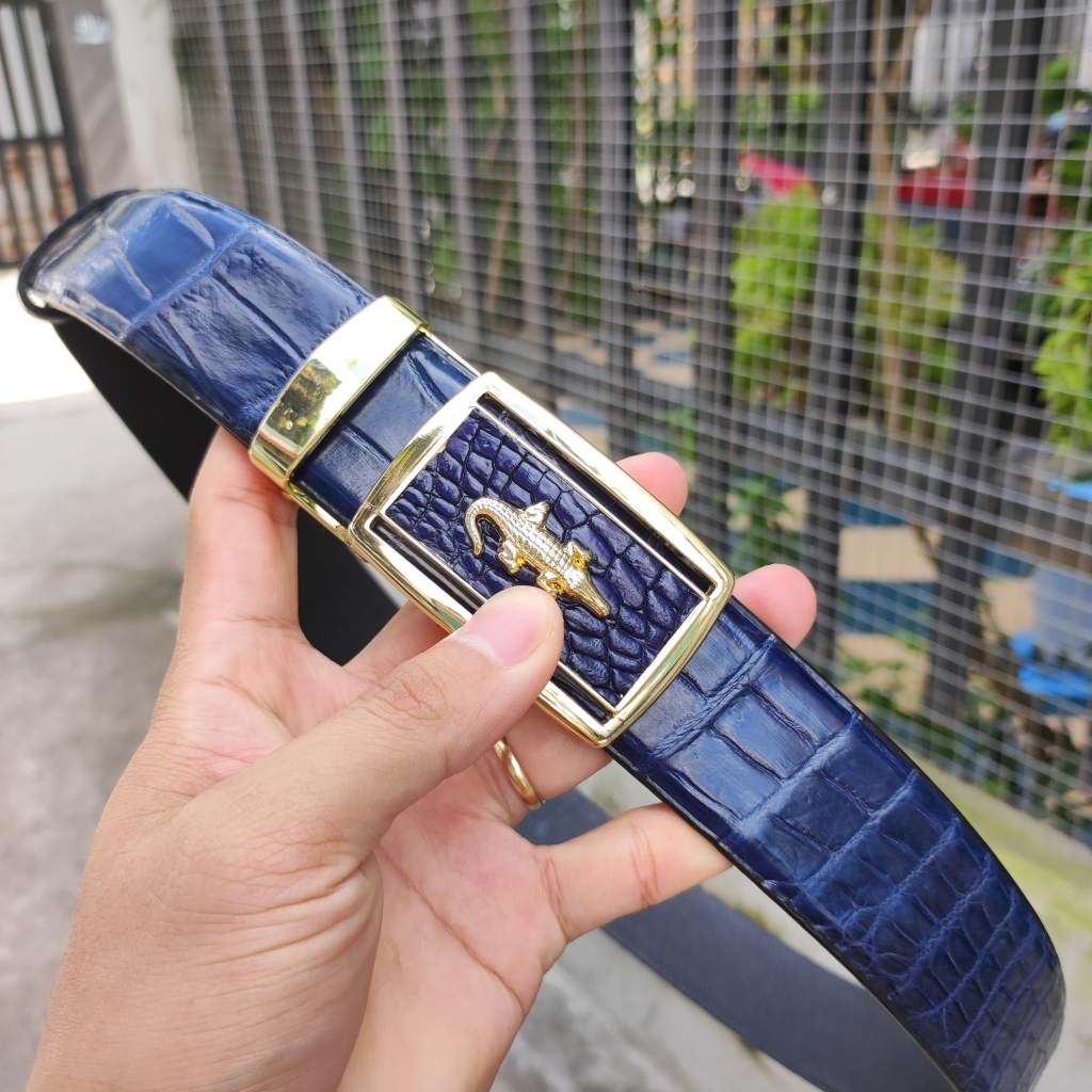 Thắt lưng cá sấu Xanh navy rất đẹp. Bản liền tấm da bụng 4cm!