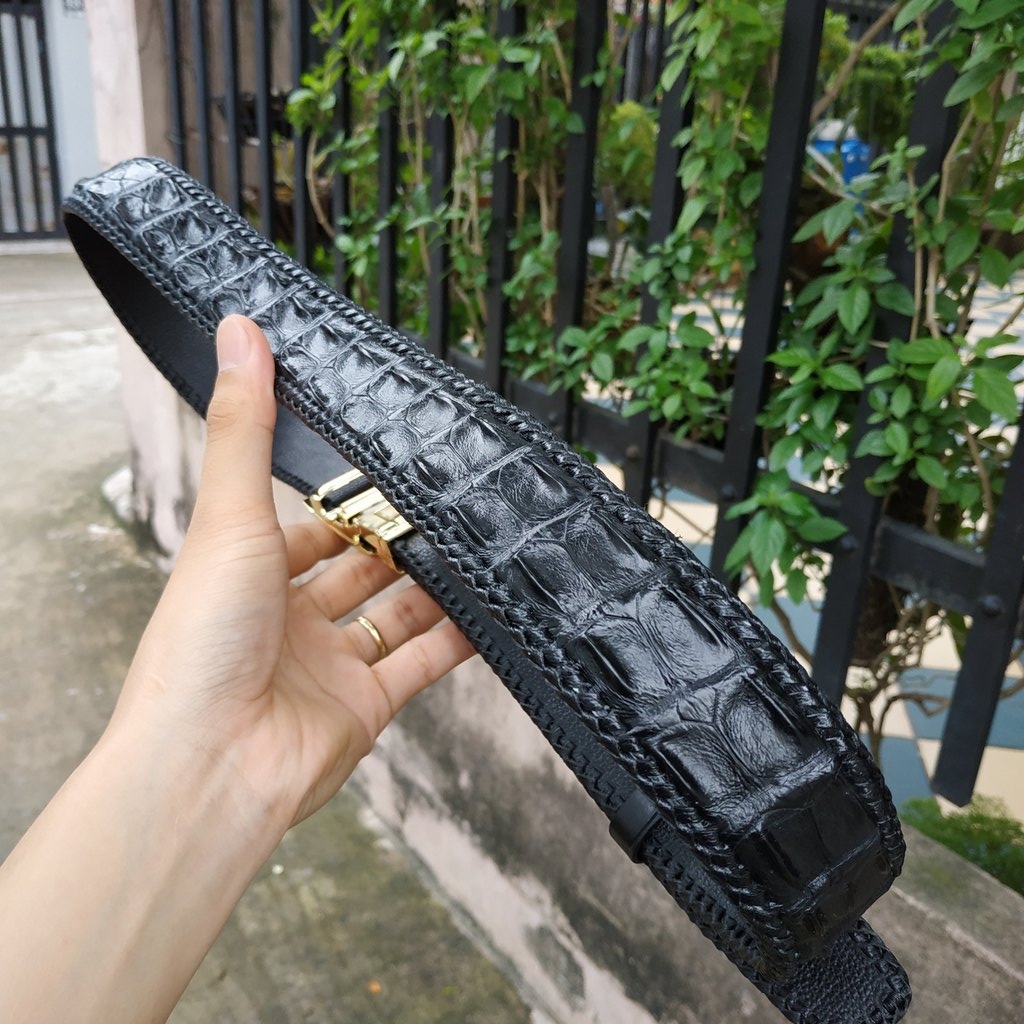 Thắt Lưng Da Cá Sấu Màu Đen [DÂY LIỀN NGUYÊN CON 4cm] Đan Viền Thủ Công Rất Bền!