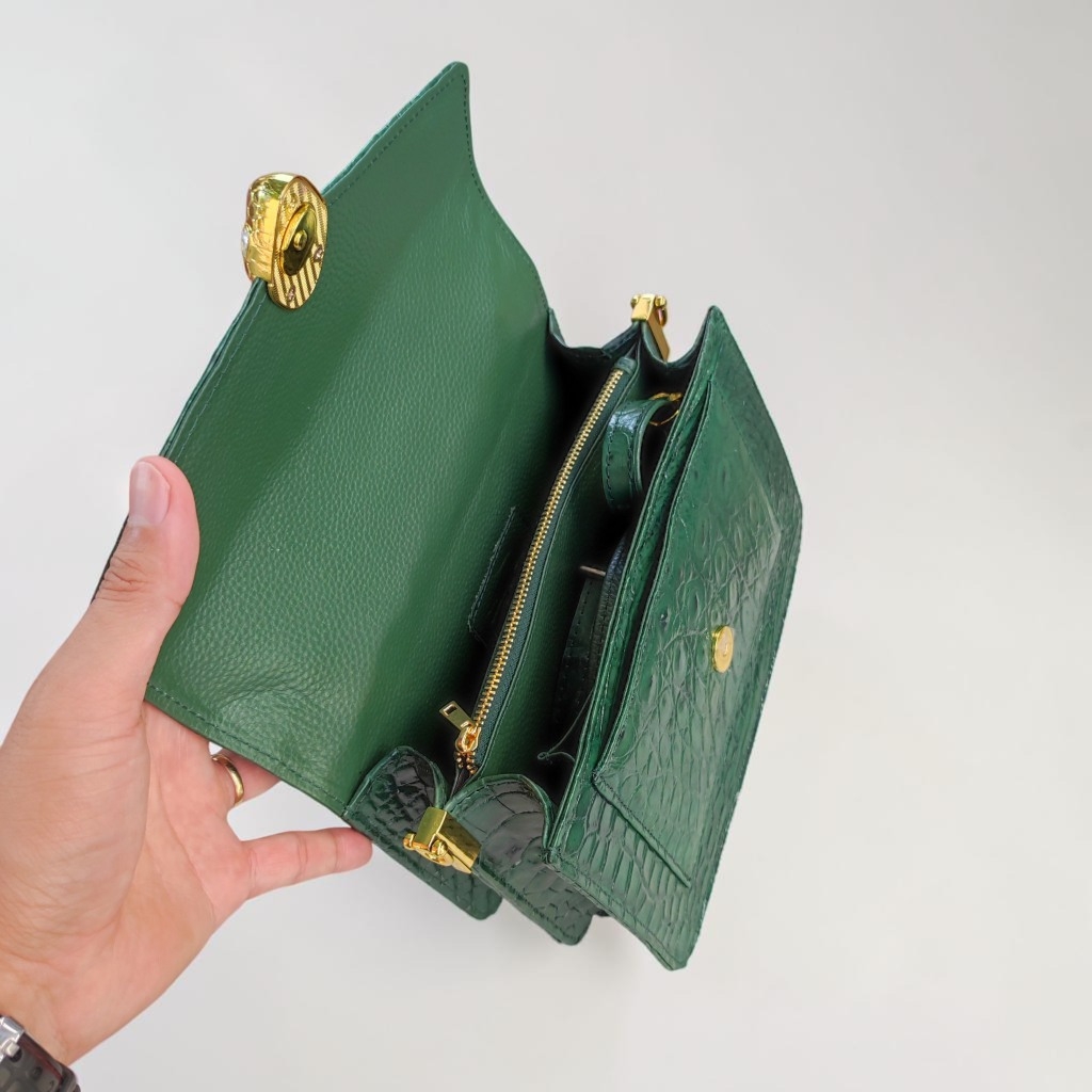 Túi da cá sấu Khóa rắn cực CHẤT. Da bụng cá sấu Xanh rêu!