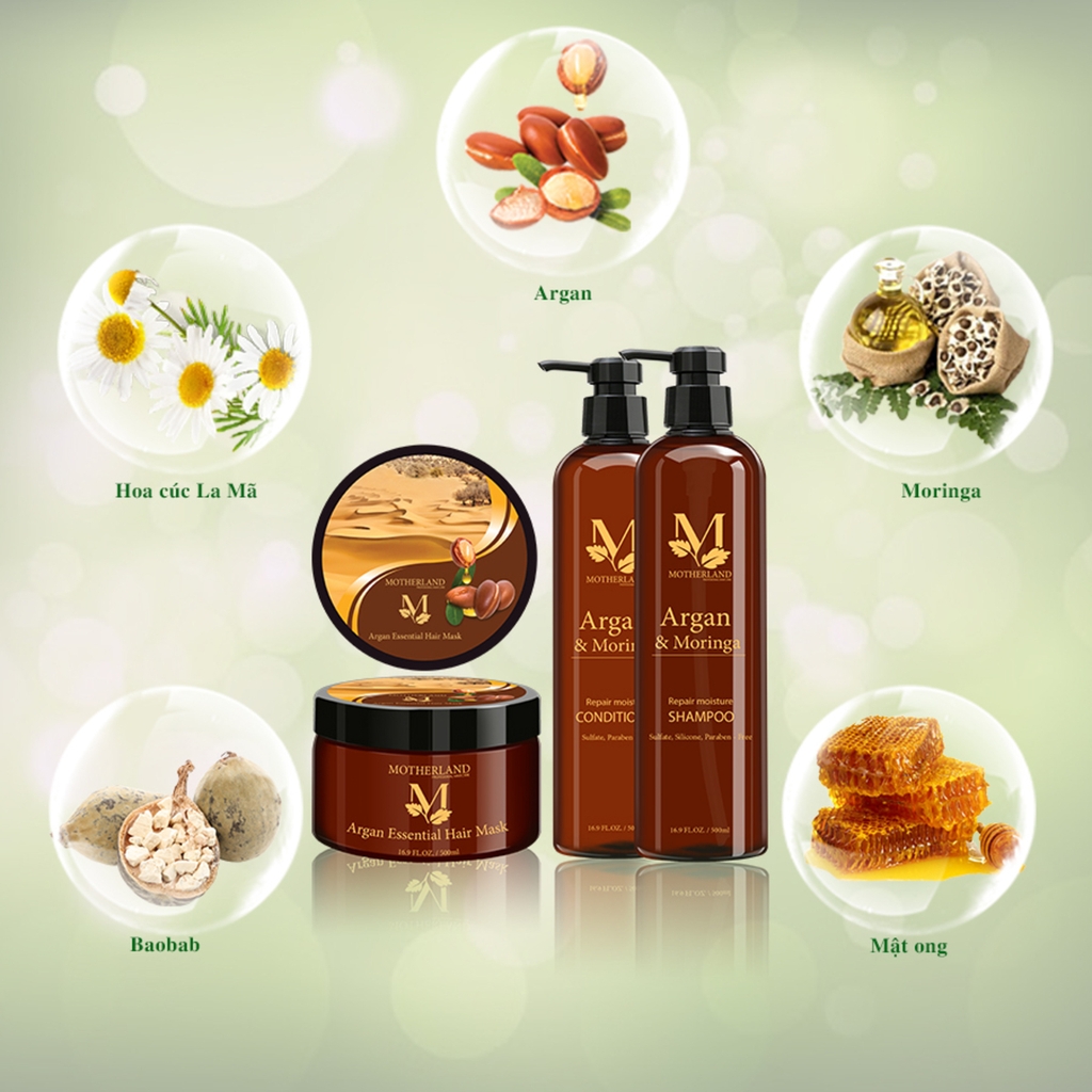 Combo dầu gội, xả, hấp Motherland Argan & Moringa 1500ml Chăm sóc toàn diện cho mái tóc 1500ml