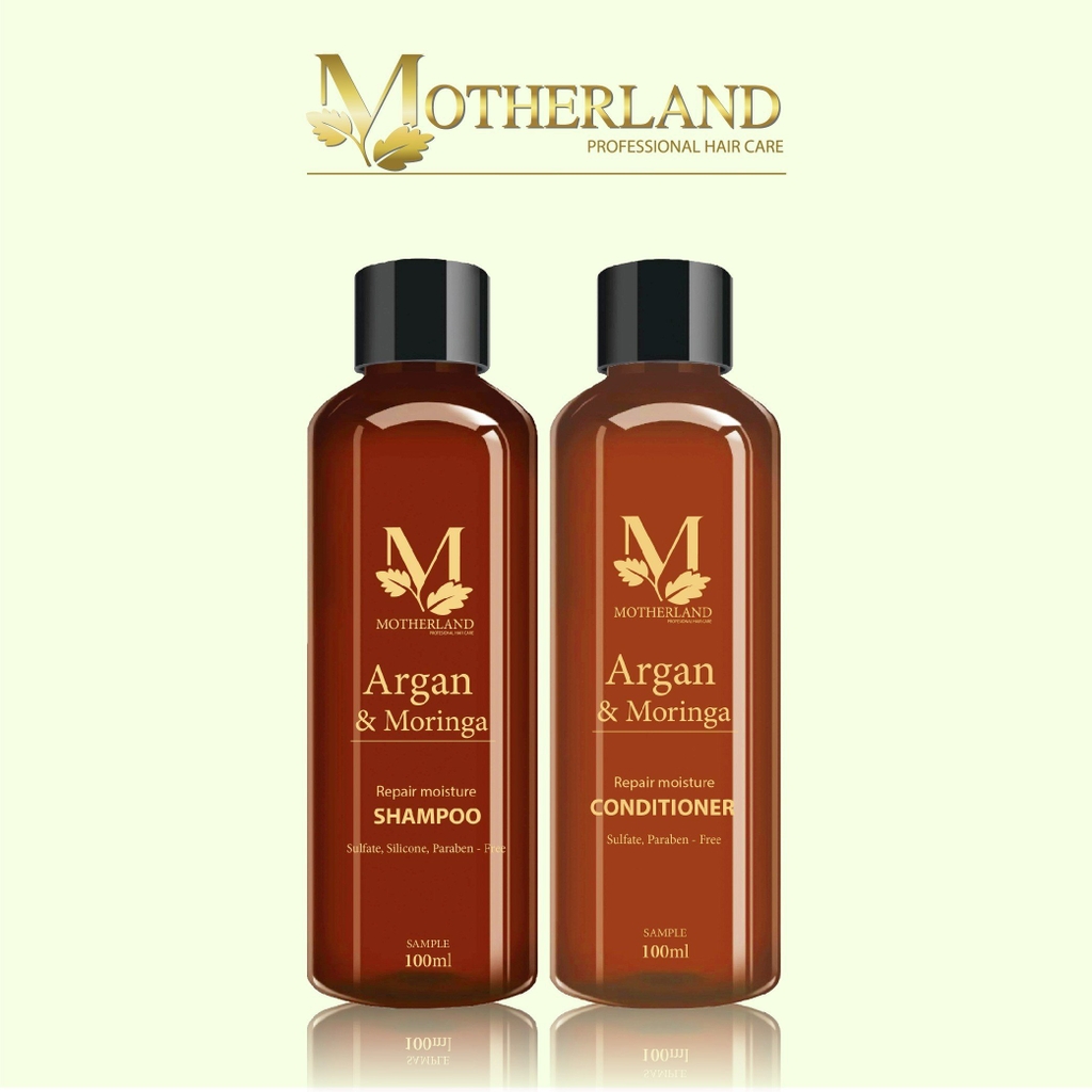Cặp dầu gội, xả hữu cơ Motherland Argan & Moringa 200ml Giảm rụng/ Kích thích mọc tóc/ Kiềm dầu chống bết tóc từ gốc