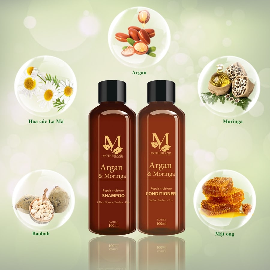 Cặp dầu gội, xả hữu cơ Argan Motherland | Giảm rụng | Kích thích mọc tóc | Kiềm dầu chống bết tóc 200ml