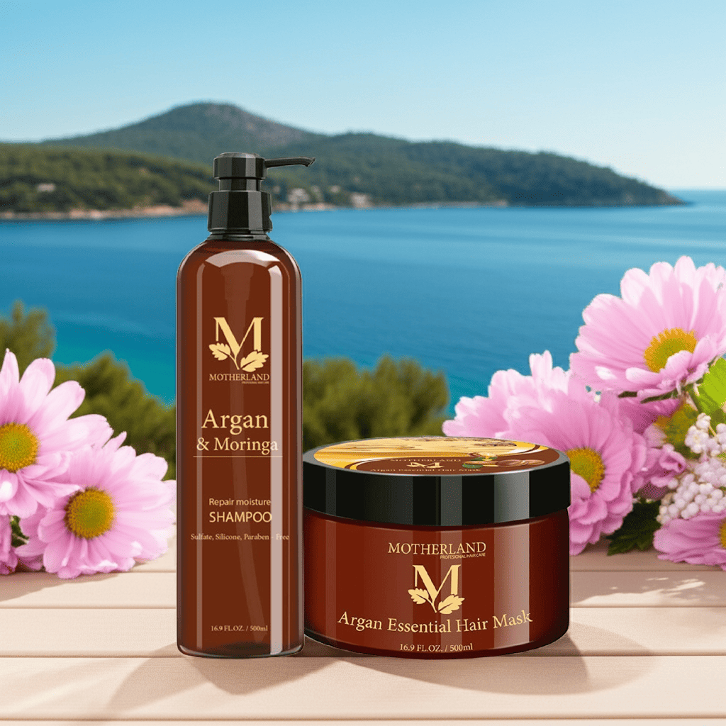 Combo dầu gội hữu cơ Motherland + Dầu hấp Motherland Argan | Giải pháp phục hồi hư tổn cho tóc dầu, tóc rụng 1000ml