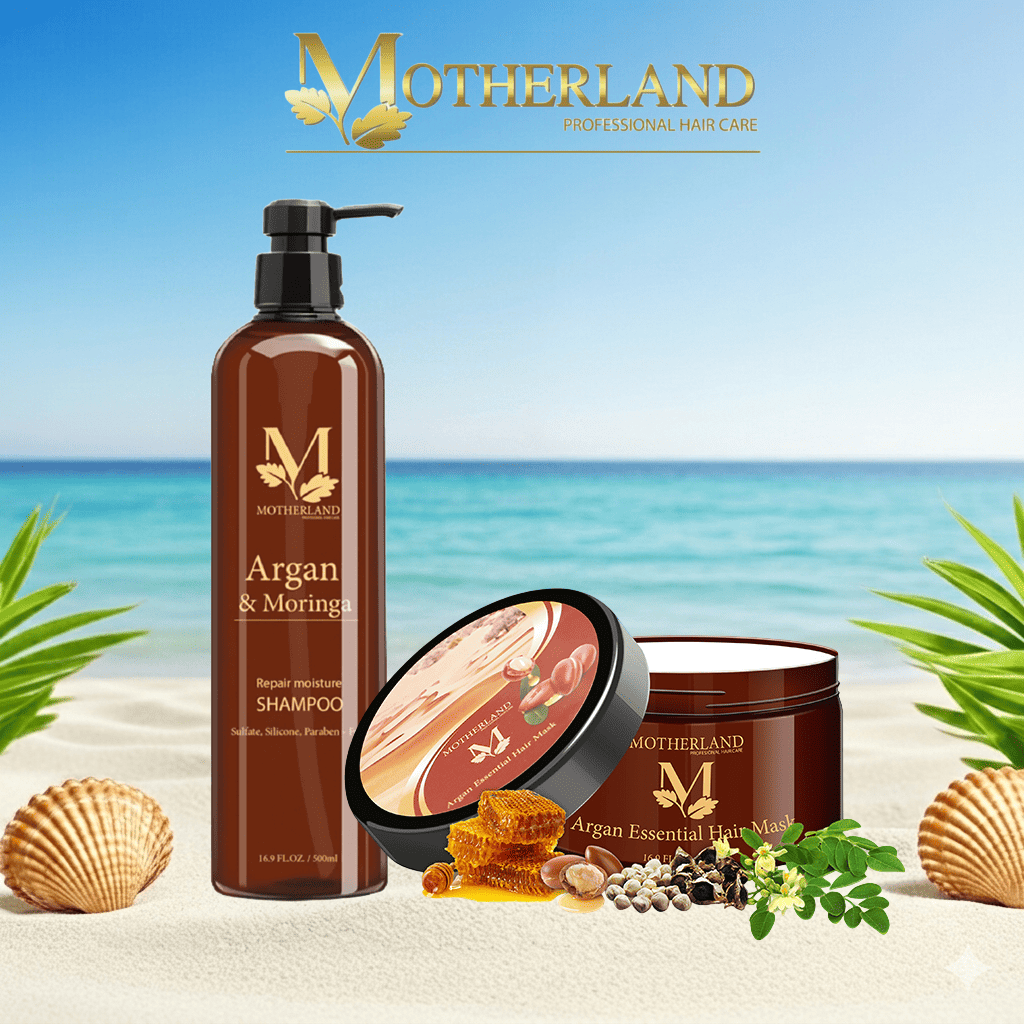 Combo dầu gội hữu cơ + Dầu hấp Motherland Argan Essential Hair Mask | Chăm sóc toàn diện cho mái tóc 1000ml