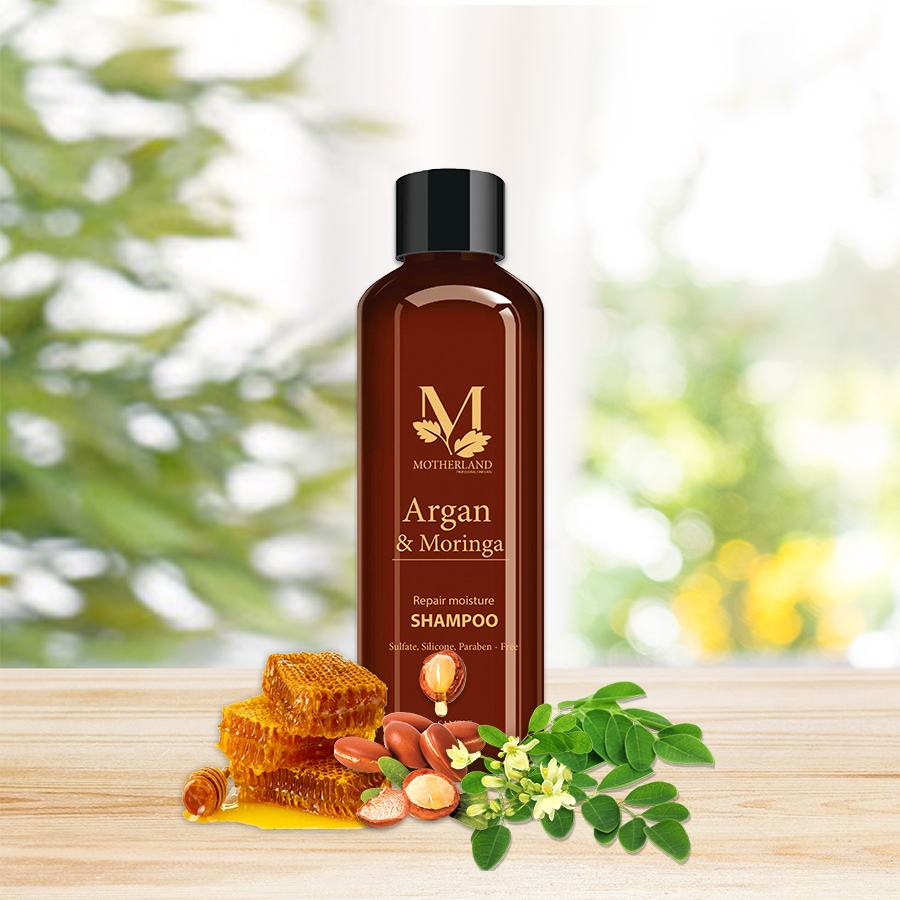 Dầu gội hữu cơ Motherland Argan & Moringa | Giảm rụng Kích thích mọc tóc Kiềm dầu Chống bết tóc từ gốc 100ml
