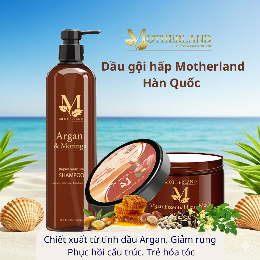 Combo dầu gội hữu cơ + Dầu hấp Motherland Argan Essential Hair Mask 1000ml