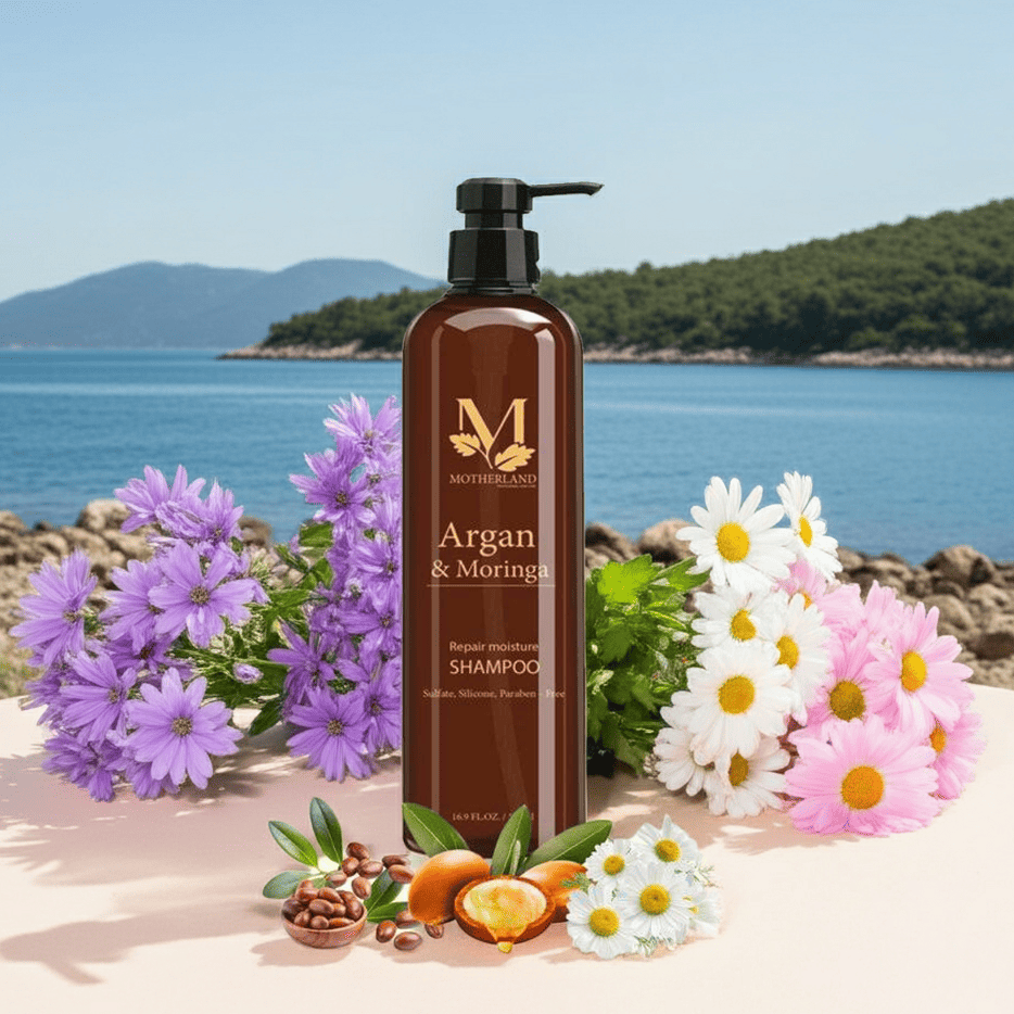 Dầu gội hữu cơ Motherland Argan & Moringa | Giảm rụng, kích thích mọc tóc | Chống bết tóc từ gốc 500ml