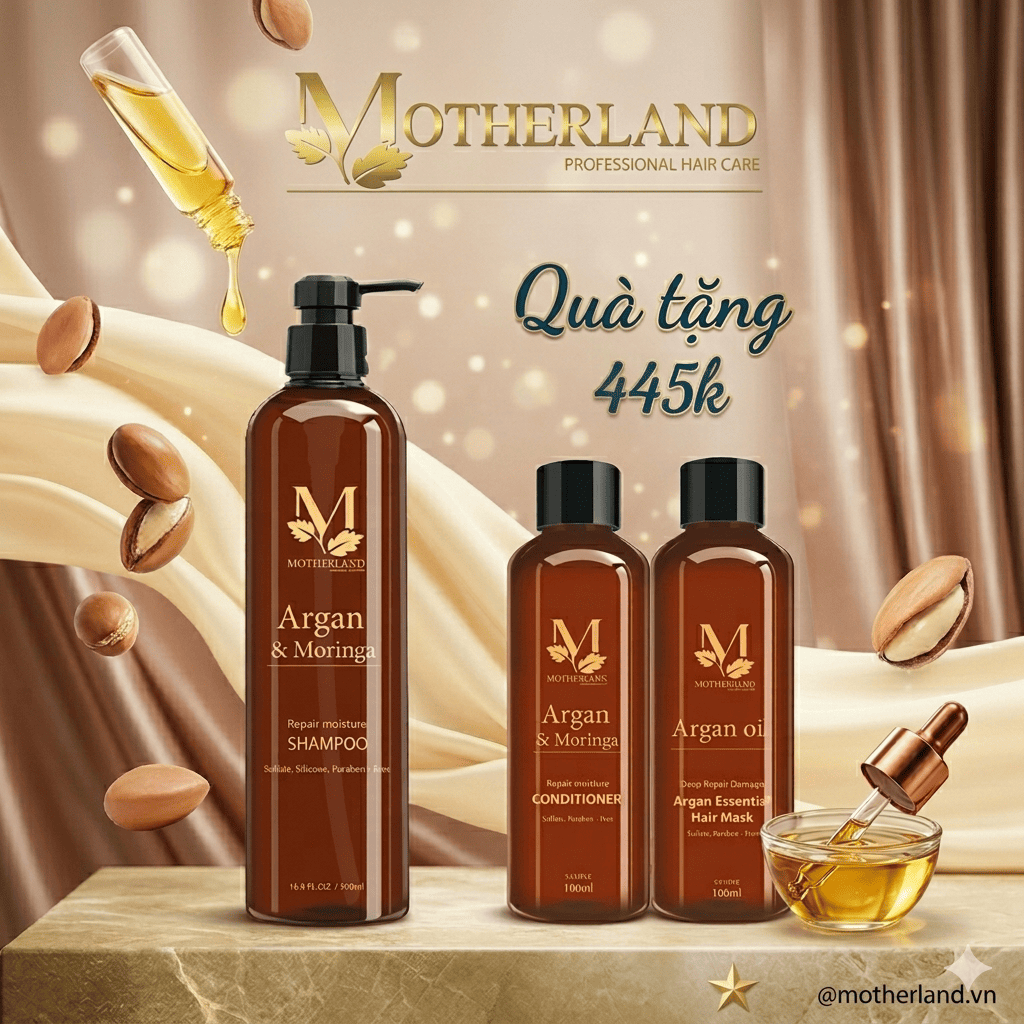 Dầu gội hữu cơ Motherland Argan & Moringa 500ml - Tặng dầu xả phục hồi Arhan Oil 100ml
