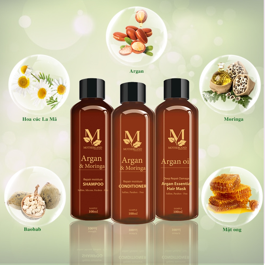 Combo dầu gội xả hấp Motherland Argan & Moringa 300ml | Chăm sóc toàn diện cho mái tóc