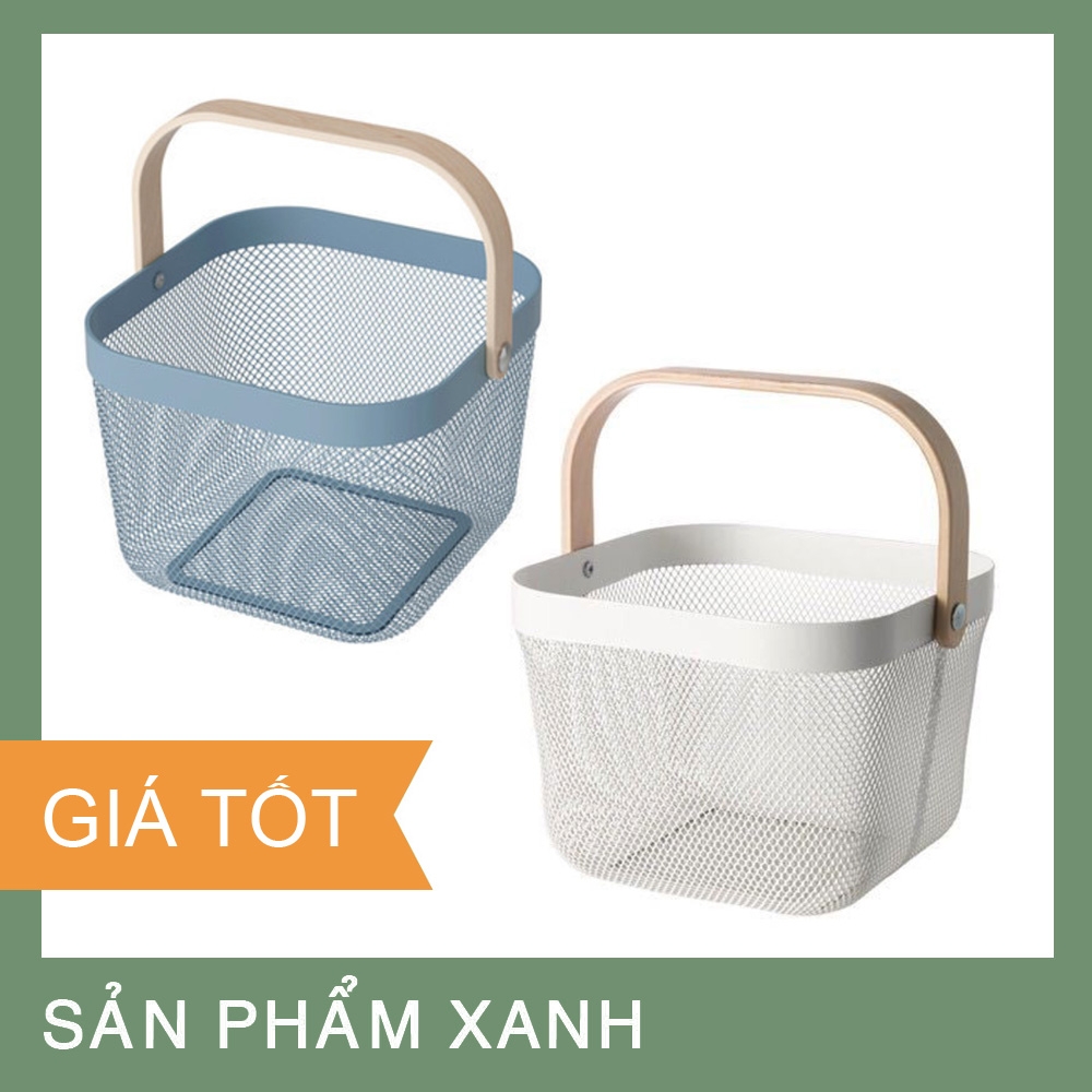 RỔ SẮT QUAI GỖ ĐA NĂNG, ĐỰNG TRÁI CÂY, THỨC ĂN - MÀU XANH DA TRỜI
