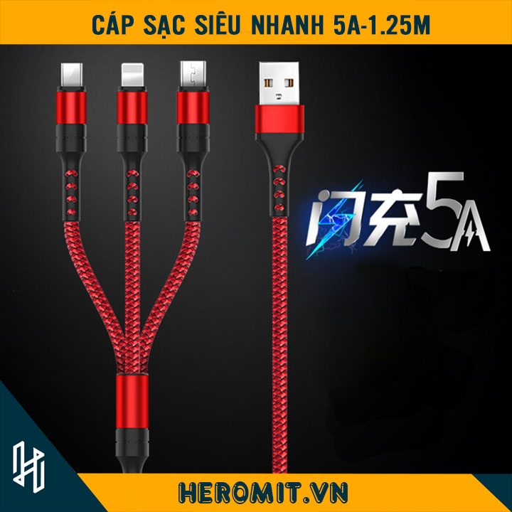 Cáp sạc SIÊU NHANH 5A 3 đầu cho điện thoại