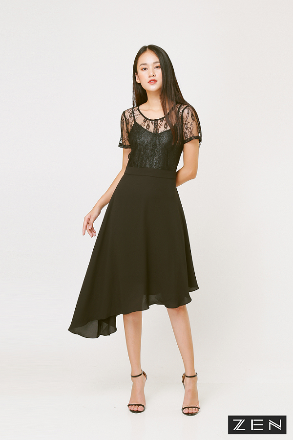 33039B62 - Chân váy voan đen, dáng xòe, xếp ly. Thời trang nữ Toson