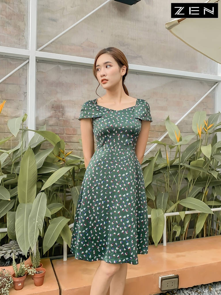 20/V084/02 VÁY XÒE, CỔ VUÔNG, HOA NHÍ XANH Zen Fashion