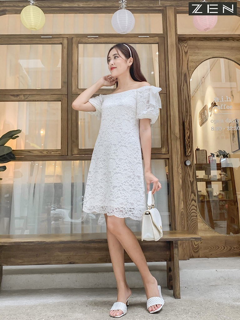 Đầm trắng dự tiệc cổ vuông dập ly ngực đính nơ sau tiểu thư xinh đẹp |  Shopee Việt Nam