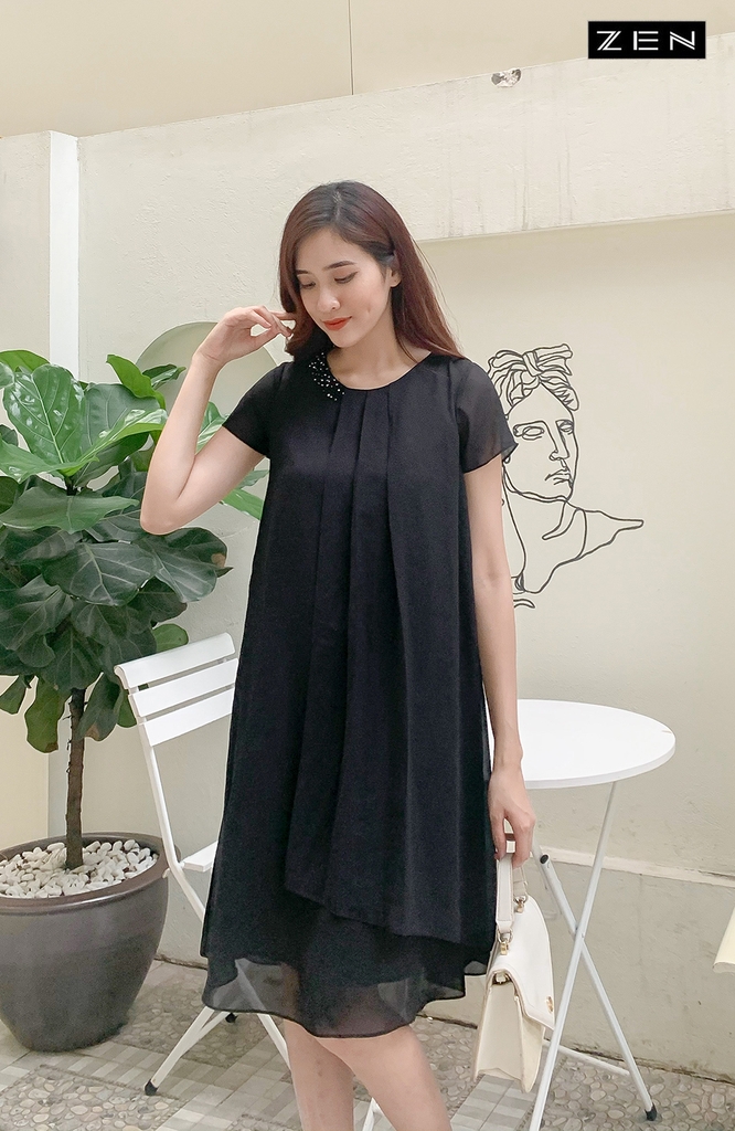 20/V077/02 VÁY SUÔNG, CT, ĐEN PHỐI PHẨY TRẮNG Zen Fashion