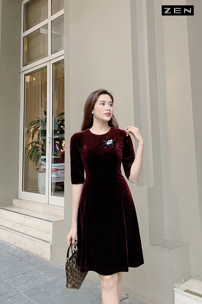 Váy xòe nhung đỏ tay lỡ – V930 – Topvay Fashion