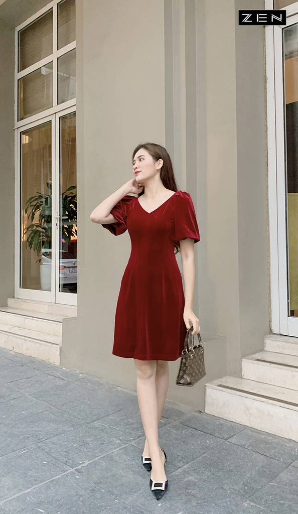 Váy Nhung Đỏ, CộcTay phồng CúcTàu,Diện Tết Xinh | Shopee Việt Nam