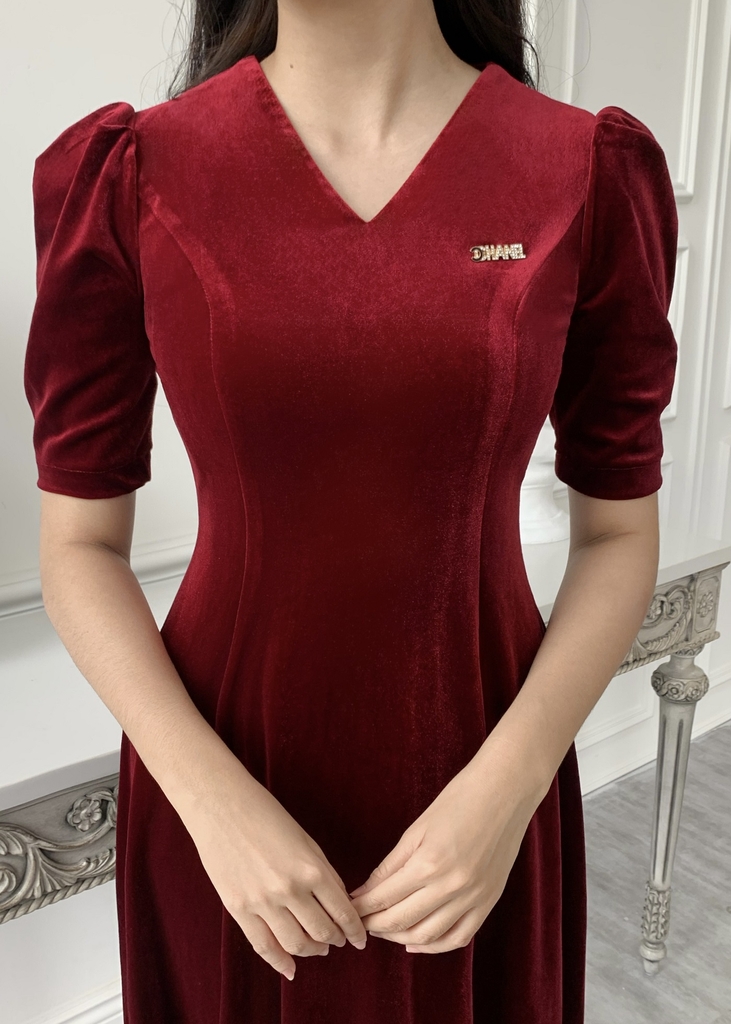 Đầm đỏ dự tiệc dáng xòe phối nơ vai KK165-33 | Thời trang công sở K&K  Fashion