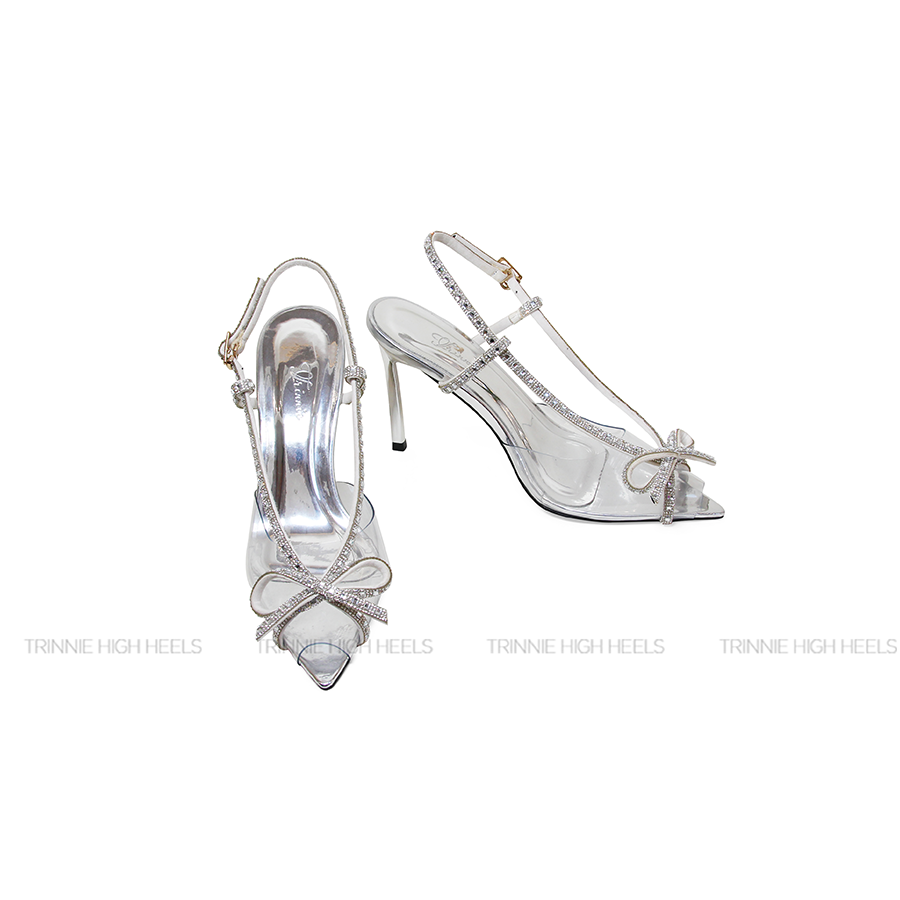 Souvenir Sandal Viền đá nơ mica trong suốt bạc