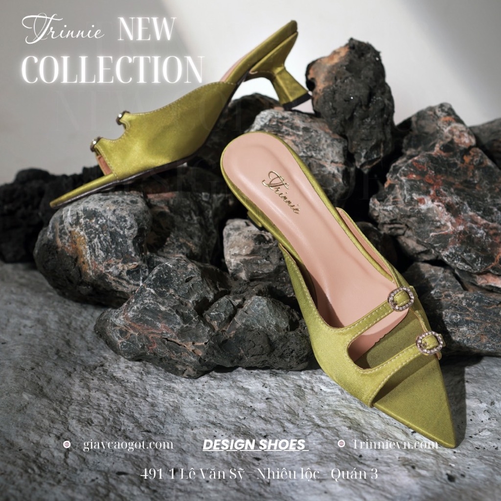 Mules mũi nhọn 3cm satin xanh