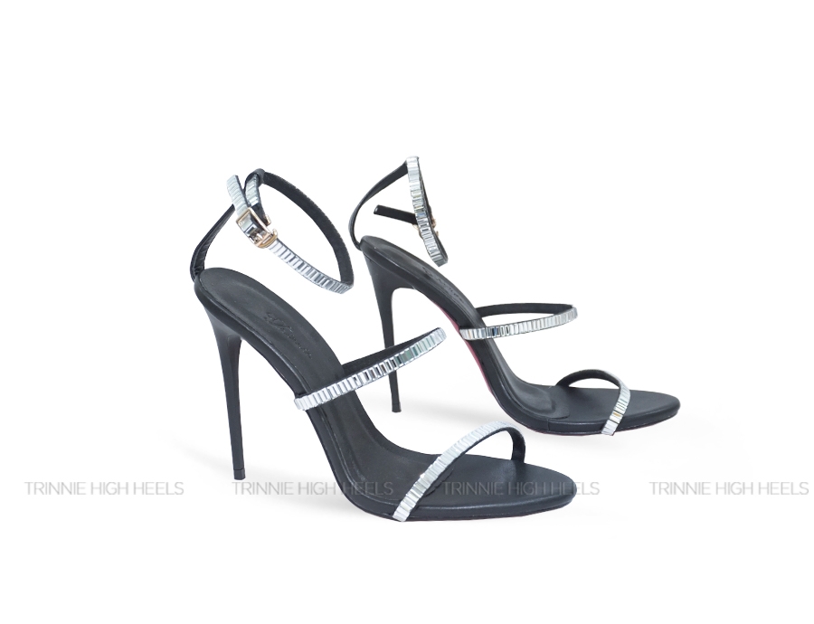 Souvenir sandal dây da gót  nhọn 11cm đen