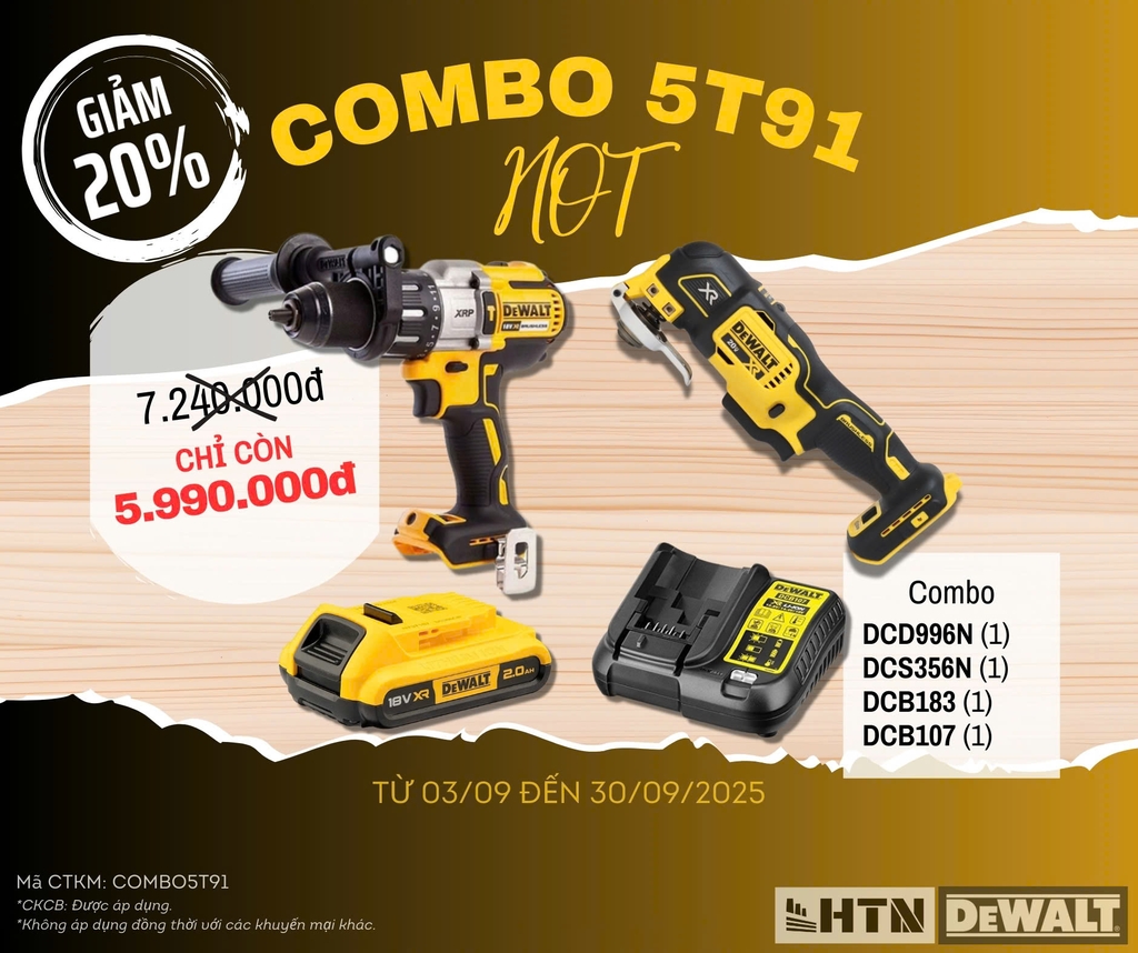 COMBO5T91 - Combo DEWALT thân máy khoan pin 95N DCD996N, thân máy cắt rung đa năng DCS356N và 1 pin 2Ah + 1 sạc DCB107