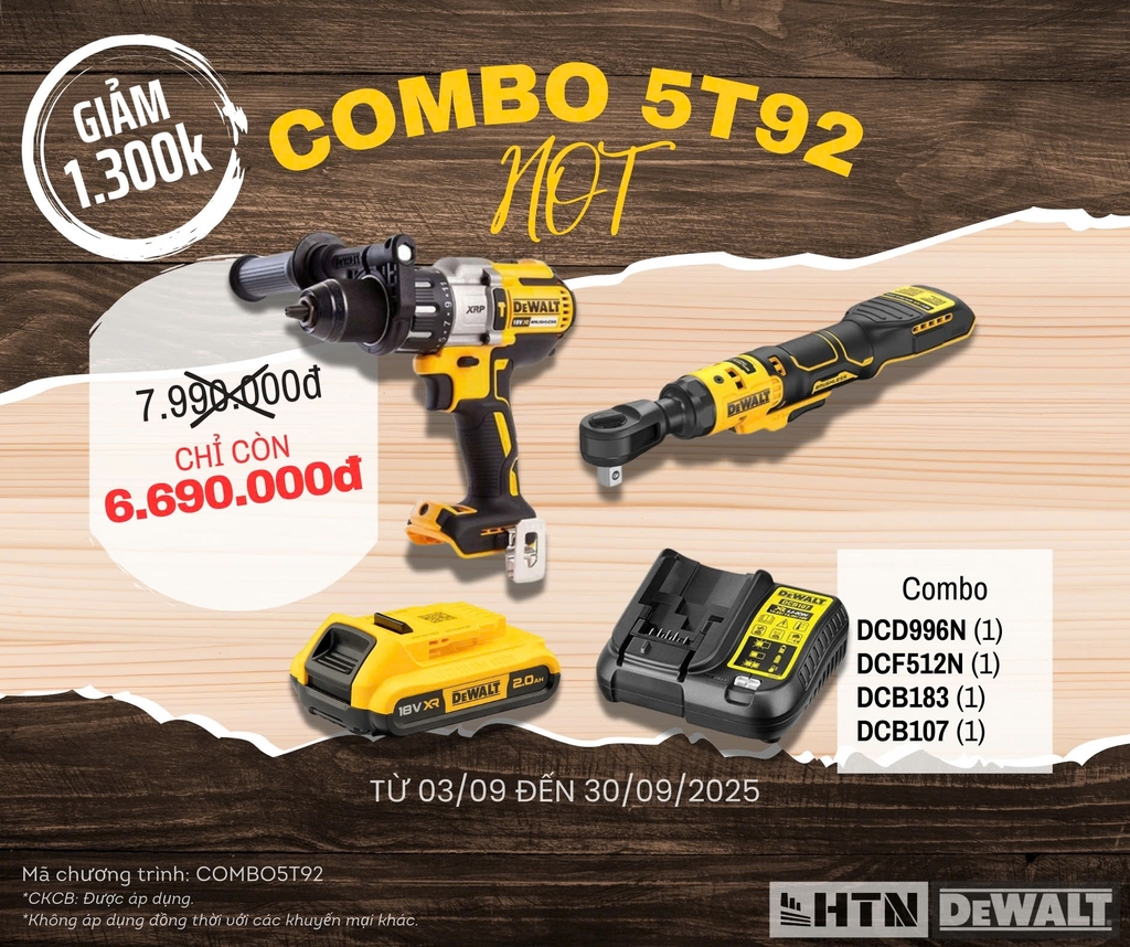 COMBO5T92 - Combo DEWALT thân máy khoan pin 95N DCD996N, thân máy bu lông góc DCF512N và 1 pin 2Ah + 1 sạc DCB107