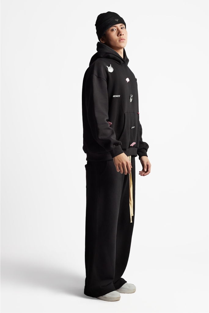 RICHNESS ESSENTIAL HOODIE BOXY + 3 PIN ICONIC ( BLACK )