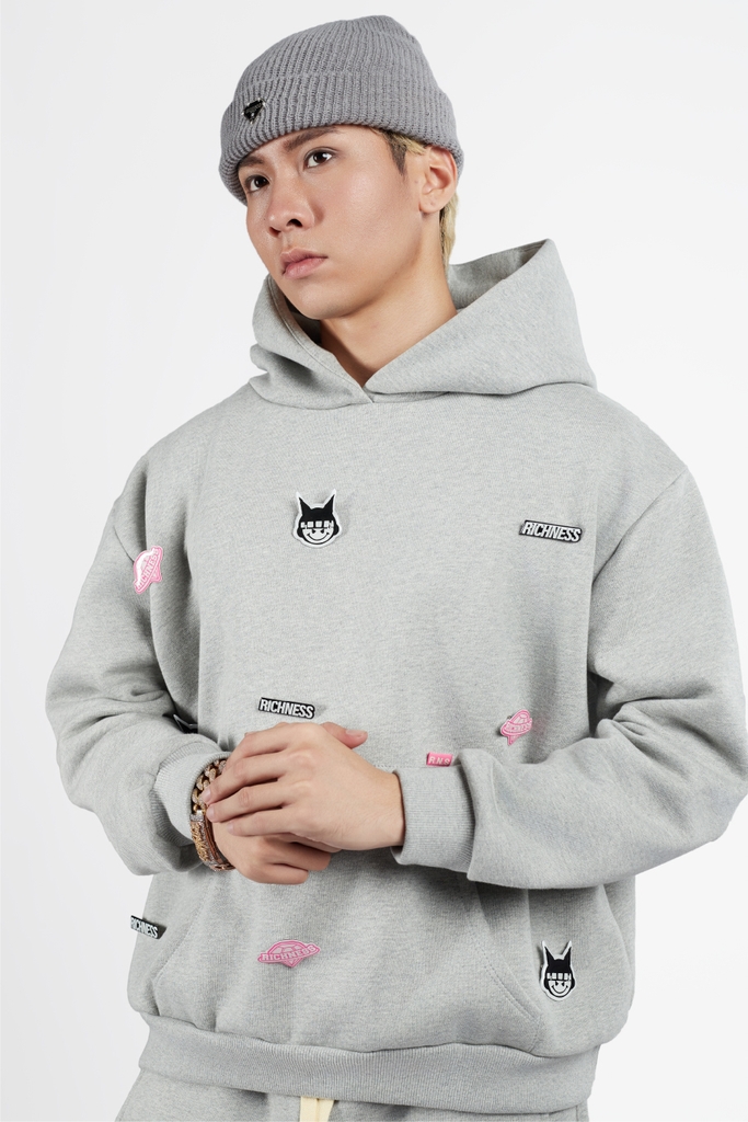 RICHNESS ESSENTIAL HOODIE BOXY + 3 PIN ICONIC ( GREY )