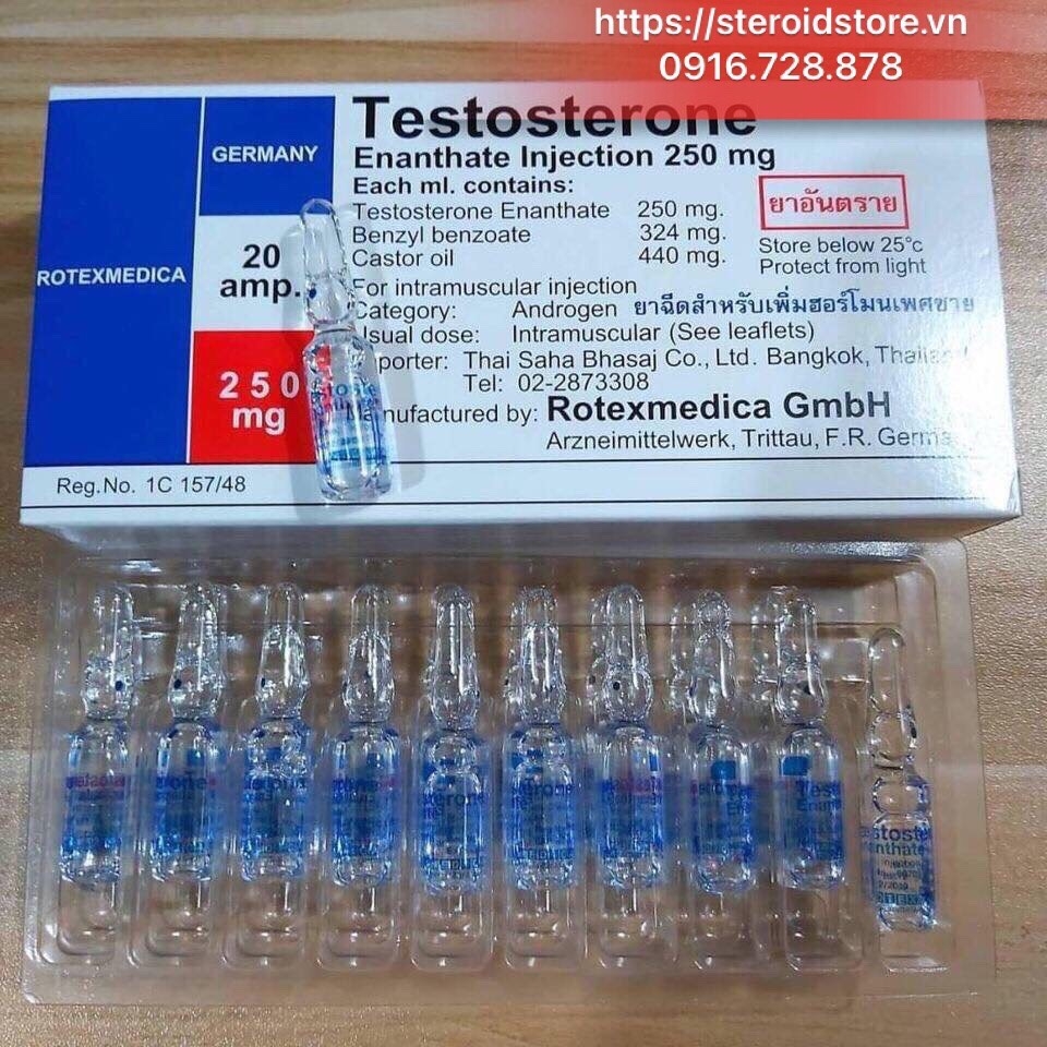 Testosterone Enanthate 250mg/ml (Test E) - Hãng Rotexmedica - Hộp 20 ống 1ml