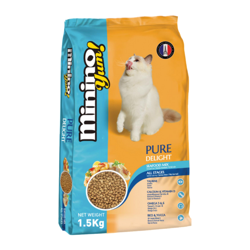 Thức ăn hạt cho mèo Minino Yum (xanh) - Seafood mix for all life stage - 1.5kg