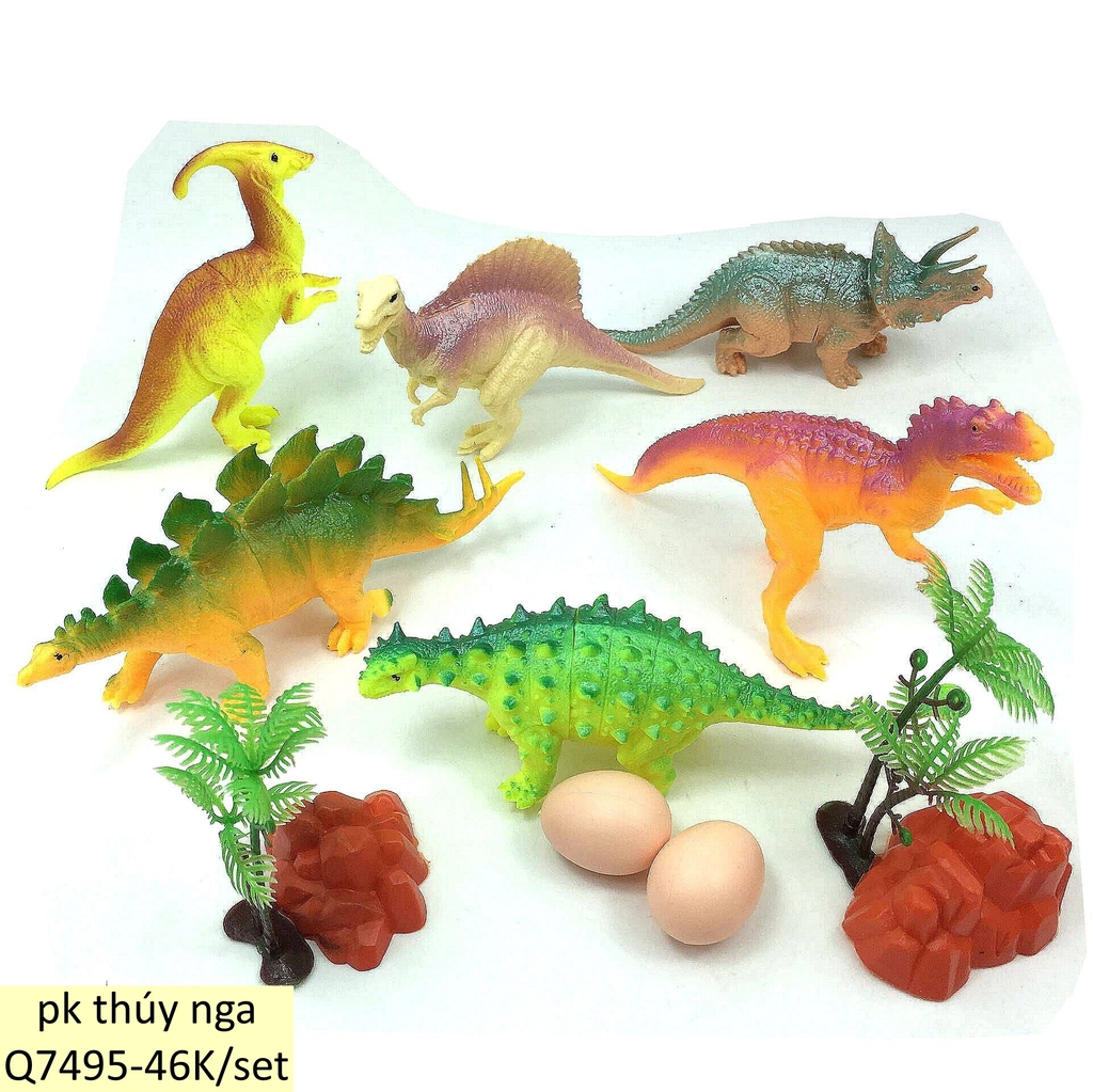 Bộ khủng 6 khủng long nhựa to và cây dừa, trứng.