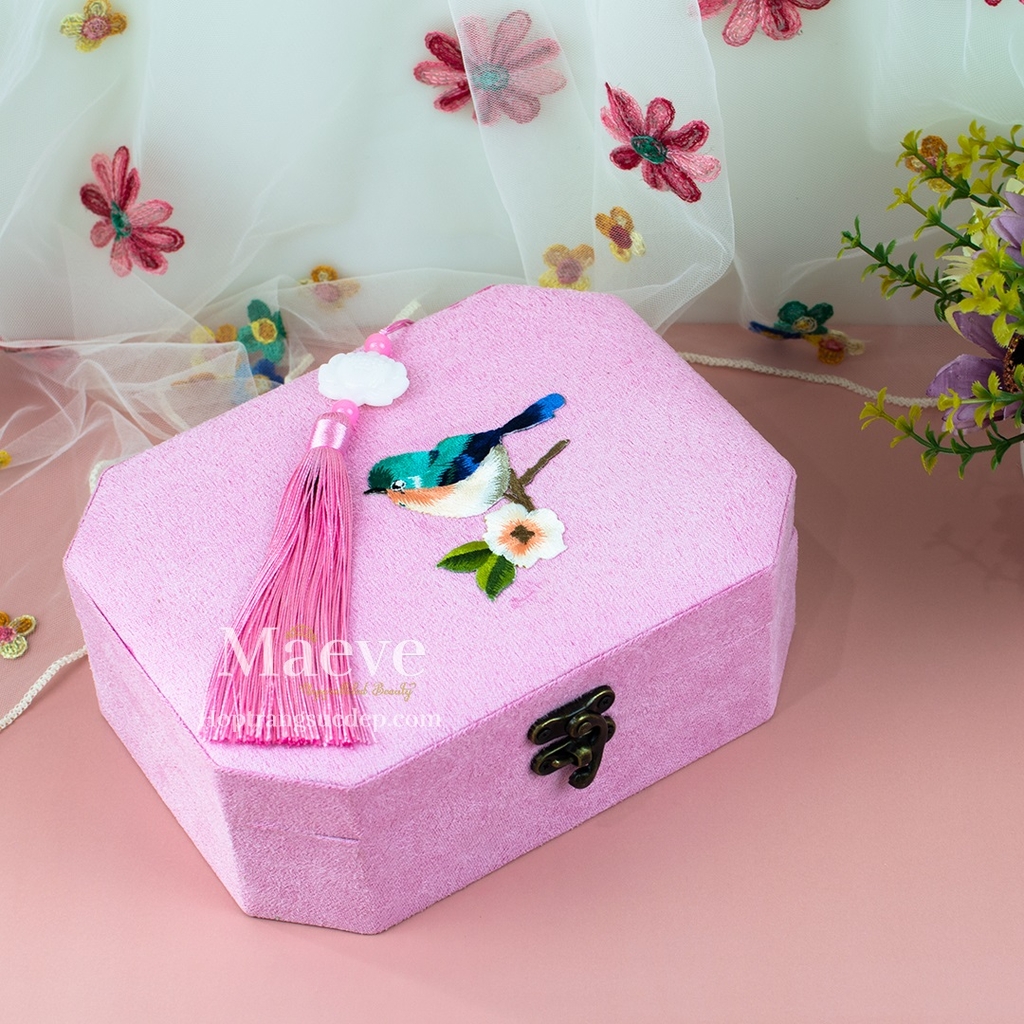 Hộp bát giác 2 tầng hình chim sẻ - hồng