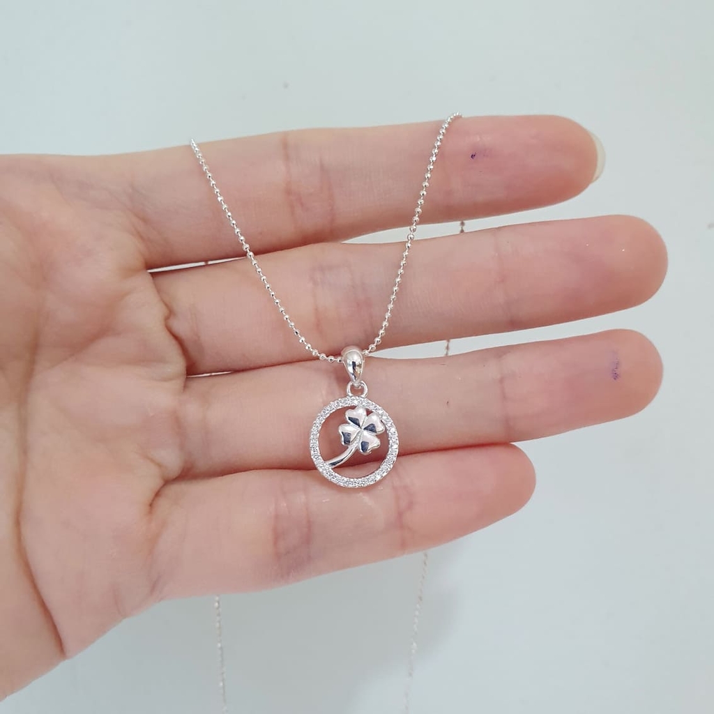Dây chuyền bạc nữ mặt tròn đính cỏ 4 lá