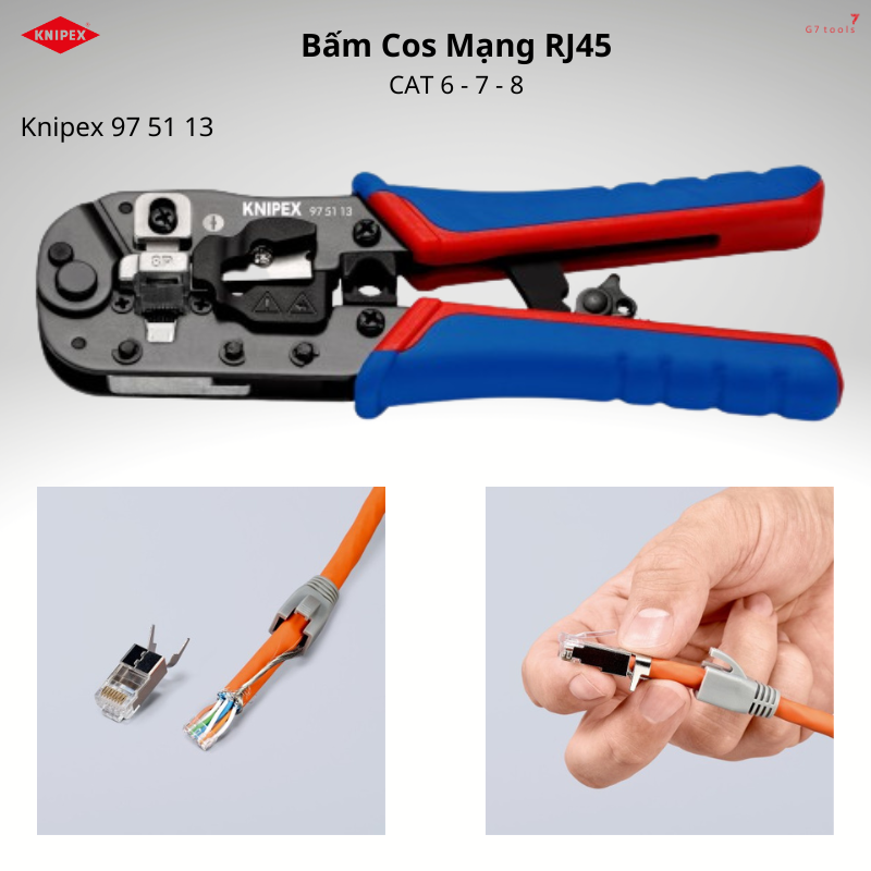 Kìm Bấm Cos Mạng RJ 45 CAT 6 7 8 Knipex 97 51 13 Bản Cải Tiến 2022