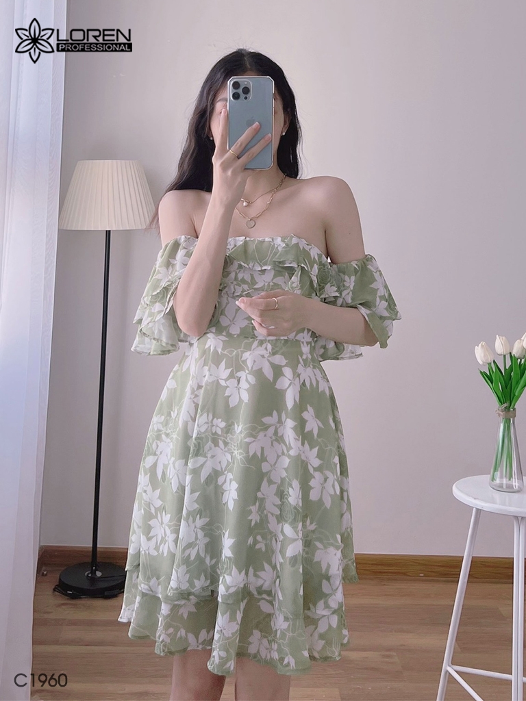 Đầm hoa nữ LOREN bẹt vại xanh bơ C1960