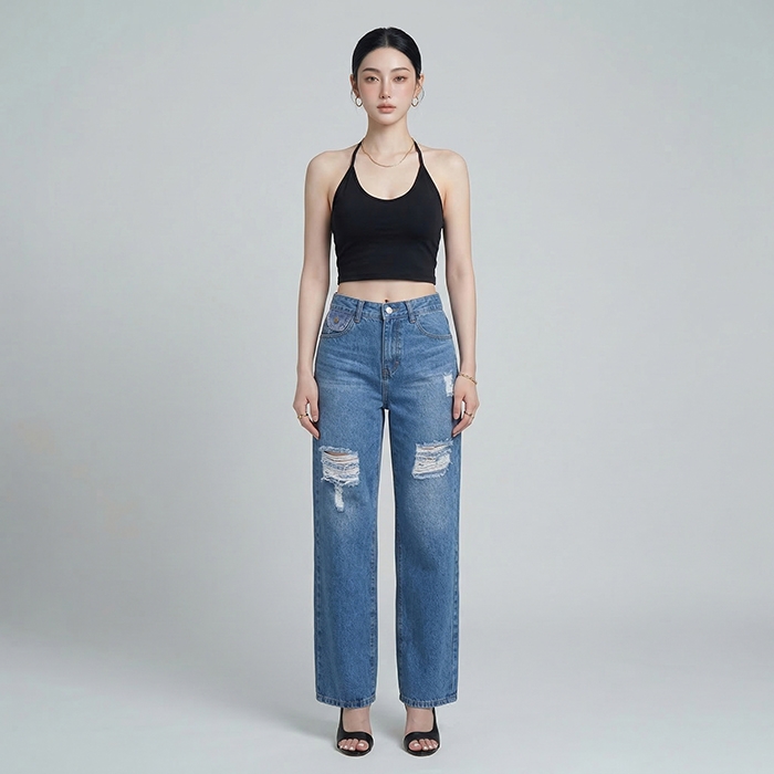 Quần jean nữ LOREN ống rộng rách B51061