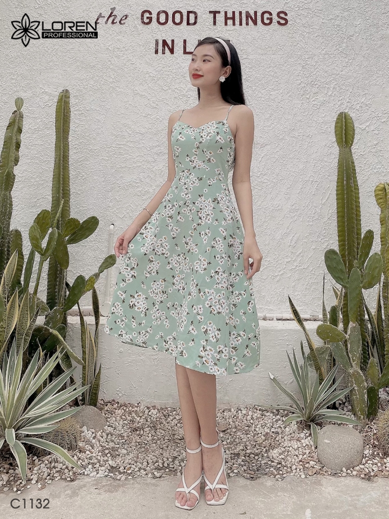 Đầm LOREN 2 dây hoa cúc xanh C1132