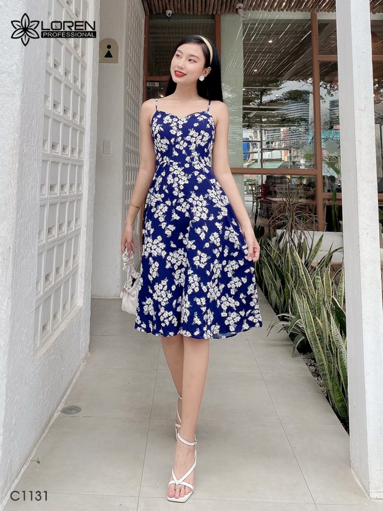 Đầm LOREN 2 dây hoa cúc xanh C1131