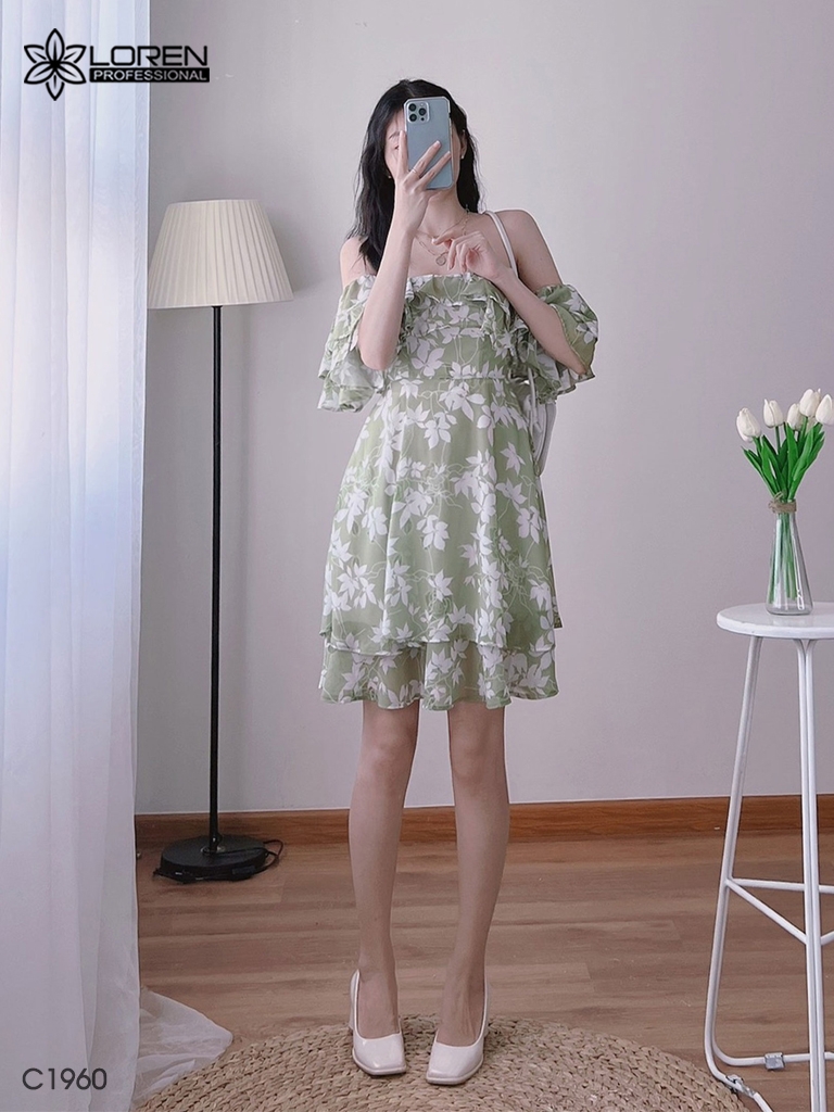 Đầm hoa nữ LOREN bẹt vại xanh bơ C1960