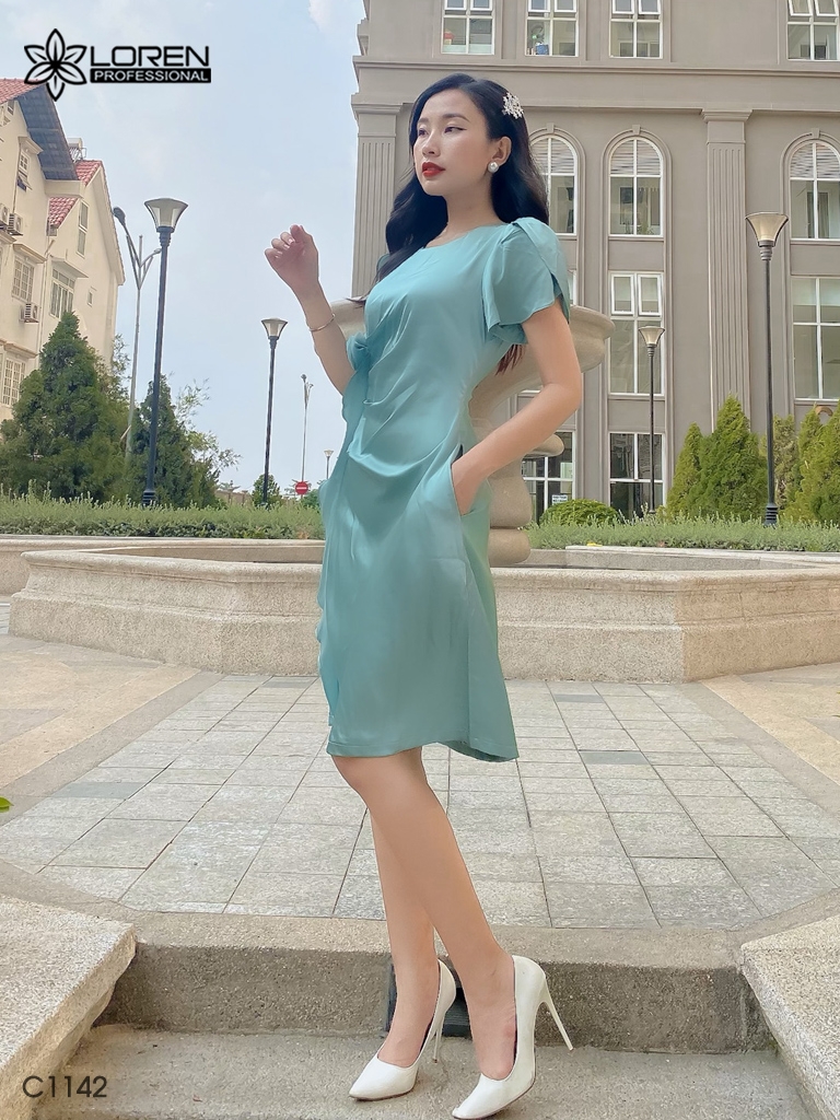 Đầm LOREN đinh bông cổ tròn xanh C1142