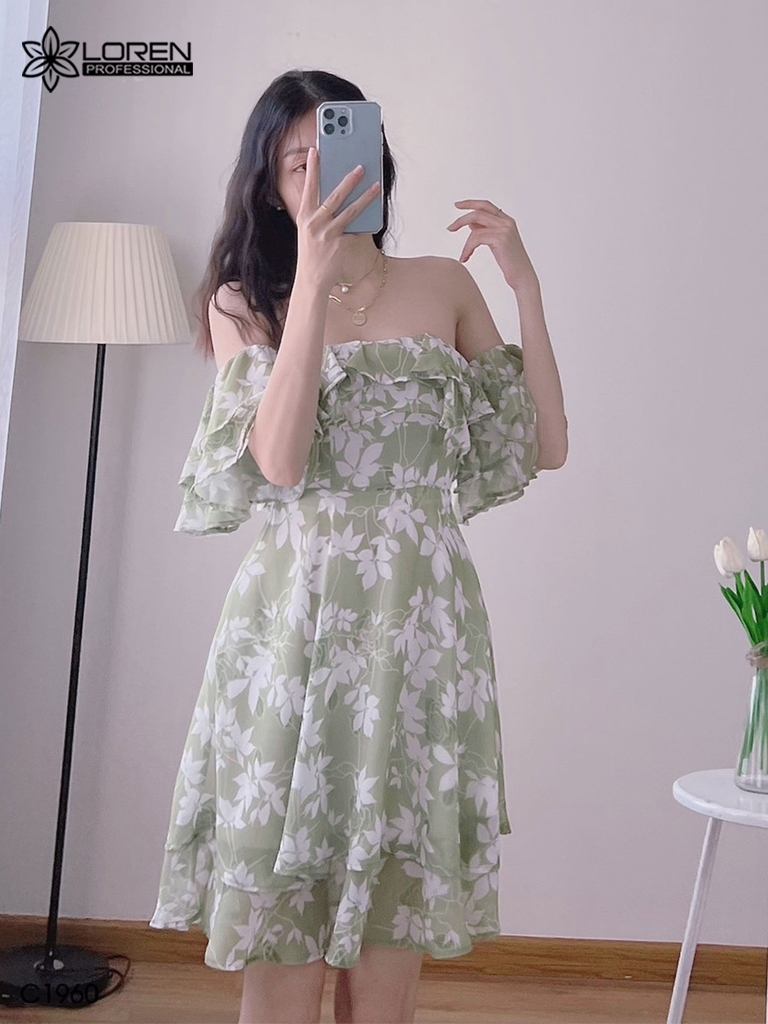 Đầm hoa nữ LOREN bẹt vại xanh bơ C1960