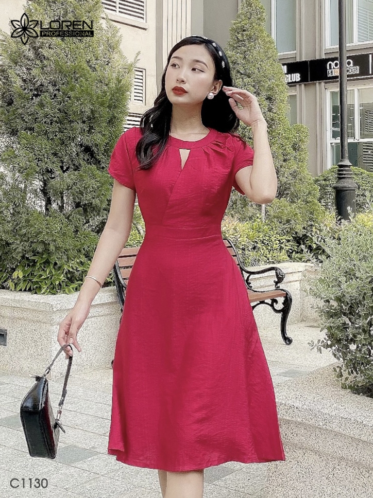 Đầm LOREN xòe cổ tròn đỏ C1130