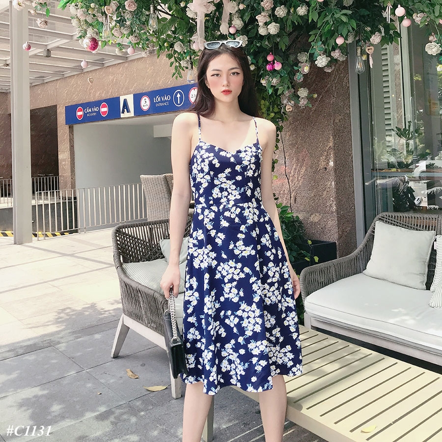 Đầm LOREN 2 dây hoa cúc xanh C1131